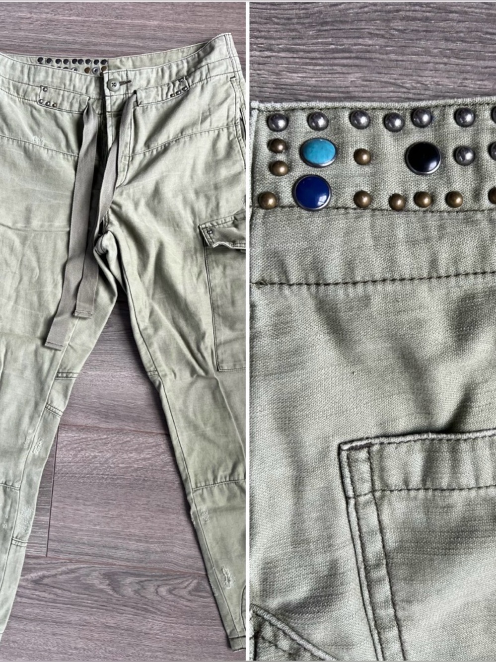 Free People Olive Green Straight-Leg Cargo Pants Distressed Studded